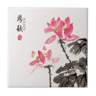 Chinoiserie Freehand Watercolor Lotus Flowers Kakelplatta