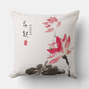 Chinoiserie Freehand Watercolor Lotus Flowers Kudde
