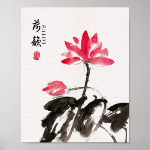 Chinoiserie Freehand Watercolor Lotus Flowers Poster