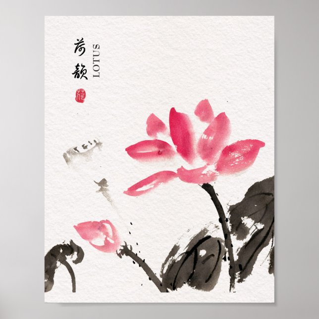 Chinoiserie Freehand Watercolor Lotus Flowers Poster (Framsidan)