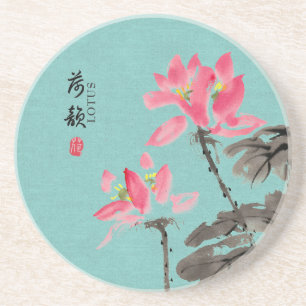 Chinoiserie Freehand Watercolor Lotus Flowers Underlägg