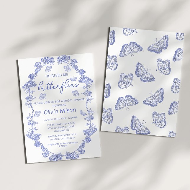 Chinoiserie Ge Me Butterflies Möhippa Inbjudningar (Whimsical He Gives Me Blue Chinoiserie Butterflies Bridal Shower)