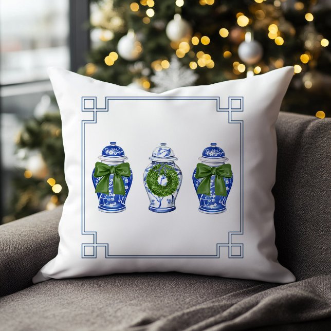 Chinoiserie Ginger Burk Helgdag Kudde (chinoiserie blue and white ginger jar christmas pillow)