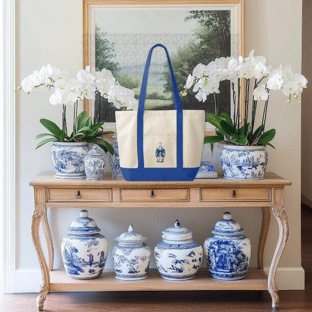 Chinoiserie Ginger Burk med Blue Bow Contrast Trim Tygkasse (Ginger Jar contrast trim boat tote bag with custom initials monogram)