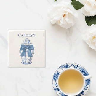 Chinoiserie Ginger Burk med Blue Bow Stenunderlägg