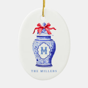 Chinoiserie Ginger Burk Monogram Rött skägg Julgransprydnad Keramik