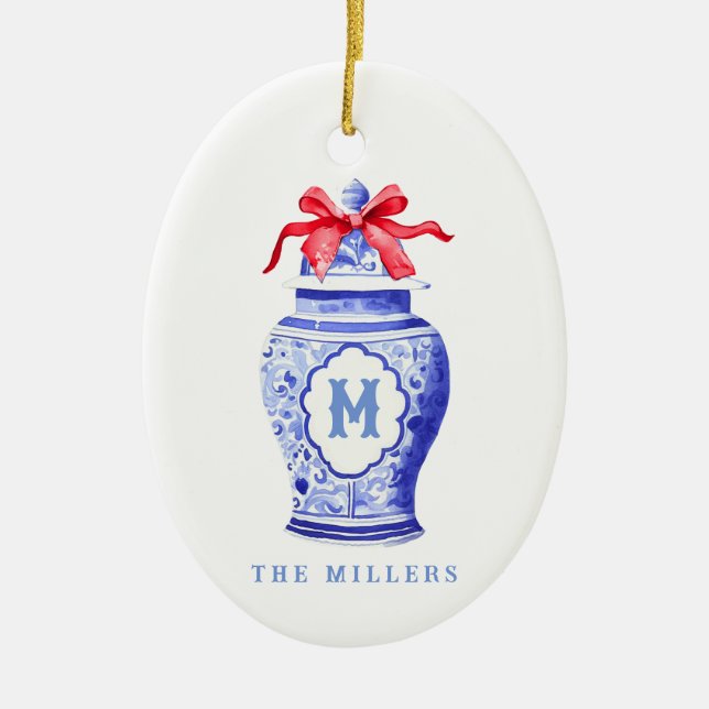 Chinoiserie Ginger Burk Monogram | Rött skägg Julgransprydnad Keramik (Framsidan)