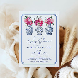 Chinoiserie Ginger Burk Rosa Peonies Baby Shower Inbjudningar