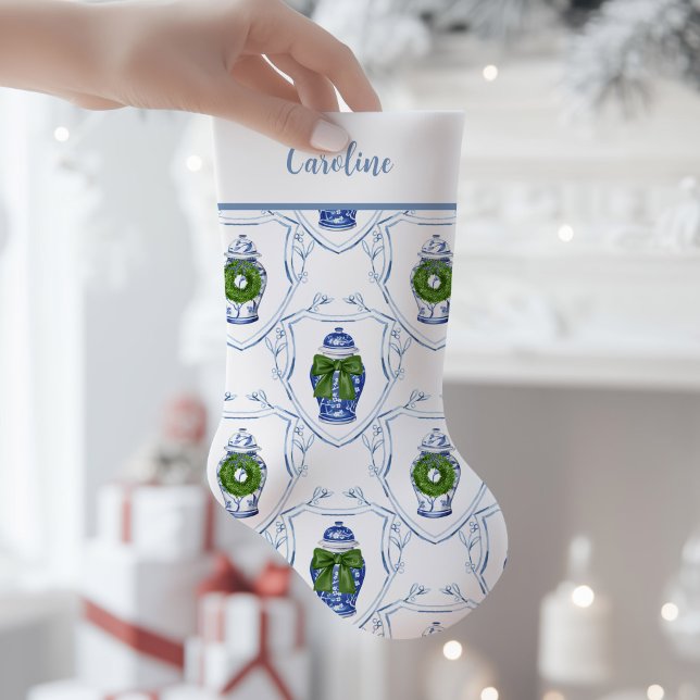 Chinoiserie Gingerkruka  Liten Julstrumpa (Chinoiserie Blue and White Ginger Jar Christmas Stocking)