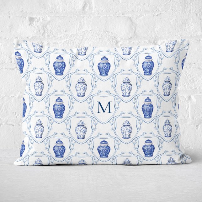 Chinoiserie Gingerkruka med monogramm krön Prydnadskudde (Ginger Jar Crest Monogram Lumbar Pillow)