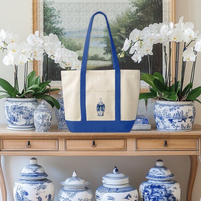 Chinoiserie-gingkärlda med blåa band-kontrasttrim tygkasse (Ginger Jar contrast trim boat tote bag with custom initials monogram)