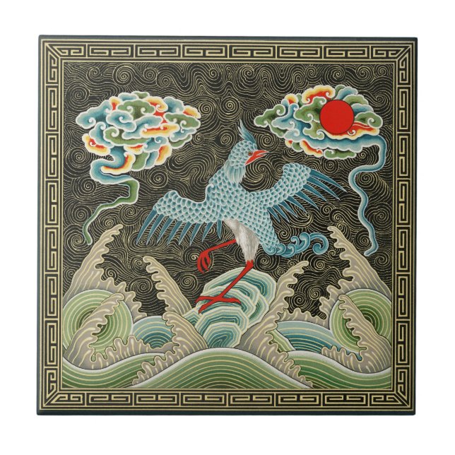 Chinoiserie Guld Trana Fågel & Havsvåg Mönster Kakelplatta (Framsidan)