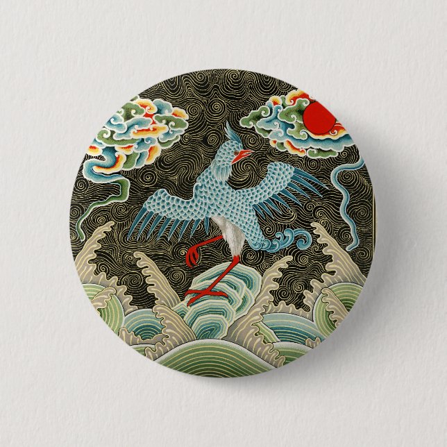 Chinoiserie Guld Trana Fågel & Havsvåg Mönster Knapp (Framsida)
