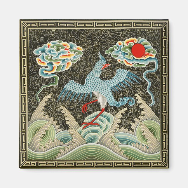Chinoiserie Guld Trana Fågel & Havsvågsmönster Magnet (Framsidan)