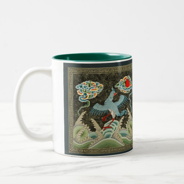 Chinoiserie Guldtrana Fågel & Havsvågmönster Två-Tonad Mugg (Vänster)