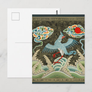 Chinoiserie Guldtrana Fågel & Havsvågmönster Vykort
