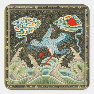 Chinoiserie Guldtrana Fågel & Havsvågsmönster Fyrkantigt Klistermärke
