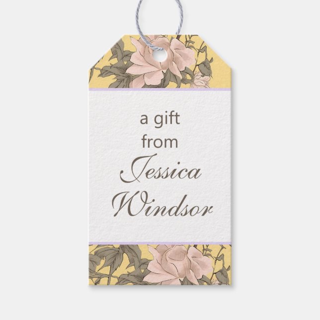 Chinoiserie Gult Blommigt Egret Presentetikett (Framsidan)