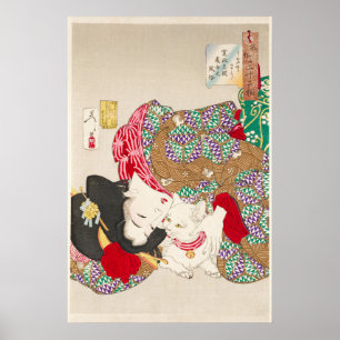 Chinoiserie Japansk dam & katt kimono konst Poster