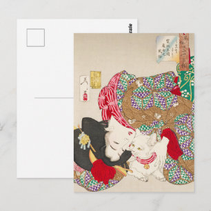 Chinoiserie Japansk dam & katt kimono konst Vykort