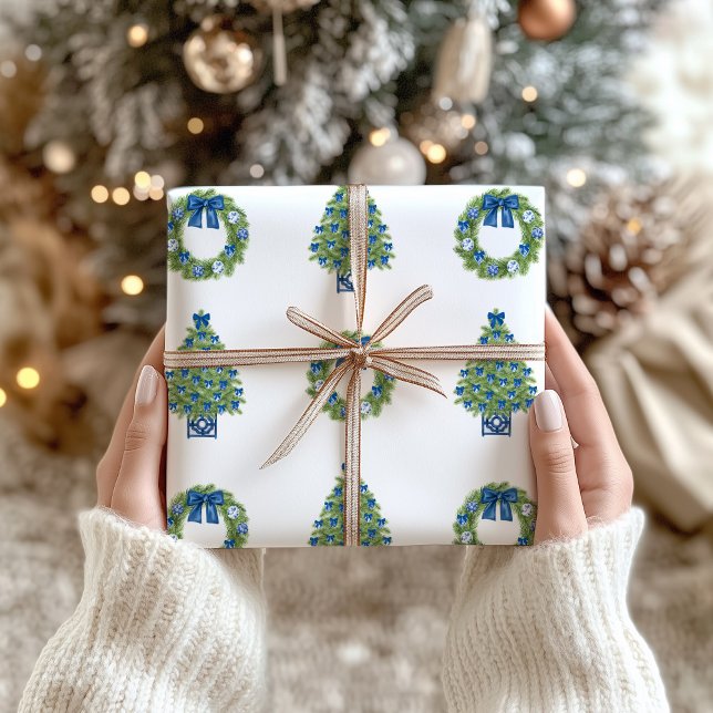 Chinoiserie jul blå och vit presentpapper (Chinoiserie Christmas Tree and Wreath Gift Wrapping Paper)