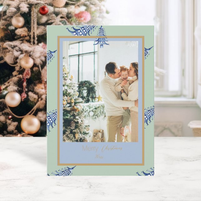 Chinoiserie jul Blue Sage Pagoda 2Photo Julkort (Chinoiserie Christmas Blue Sage Pagoda 2Photo Holiday Card)