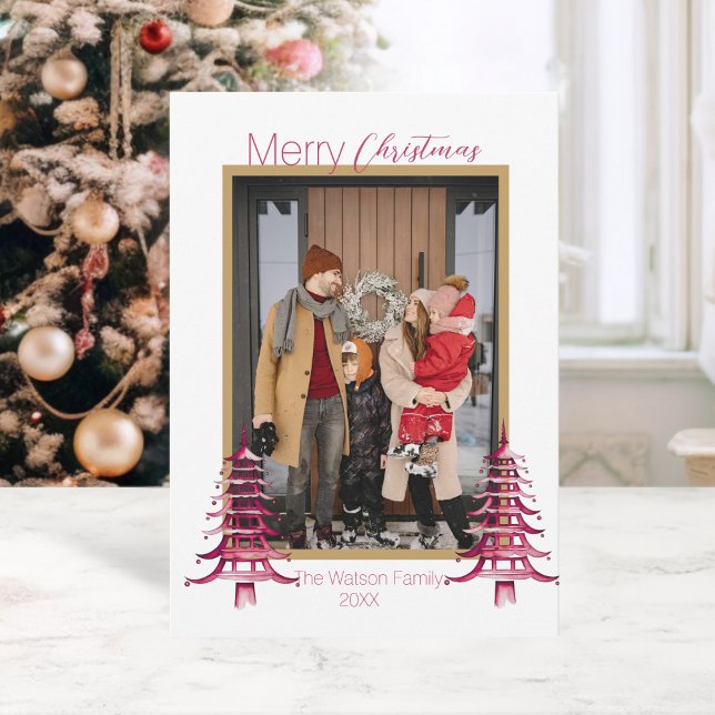 Chinoiserie Jul Dammtrosa Pagod 1-Foto Julkort (Chinoiserie Christmas Dusty Pink Pagoda 1-Photo Holiday Card)