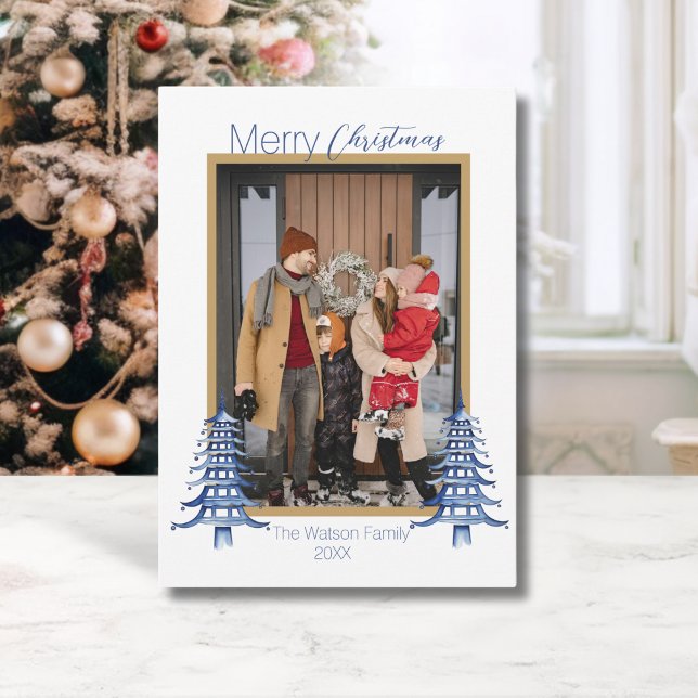 Chinoiserie jul Dusty Blue Pagoda 1-Photo Julkort (Chinoiserie Christmas Dusty Blue Pagoda 1-Photo Holiday Card)