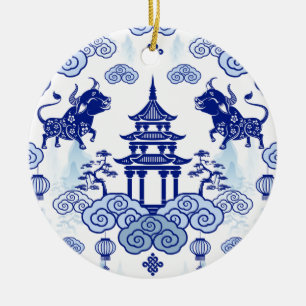 Chinoiserie jul Ornament Bull & Pagoda