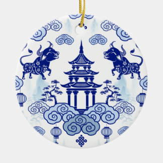 Chinoiserie jul Ornament Bull & Pagoda