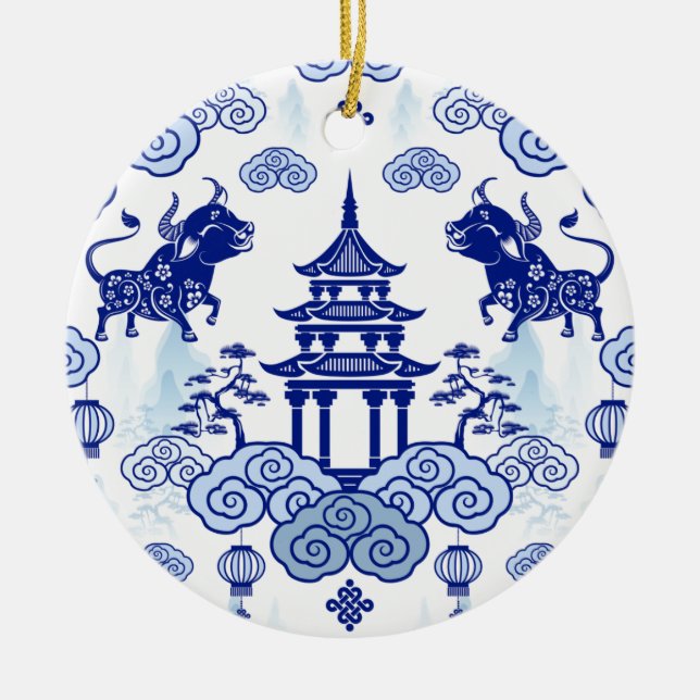Chinoiserie jul Ornament Bull & Pagoda (Framsidan)