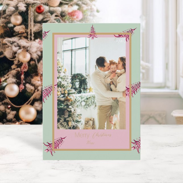 Chinoiserie jul rosa sage Pagoda 2Photo Julkort (Chinoiserie Christmas pink sage Pagoda 2Photo Holiday Card)