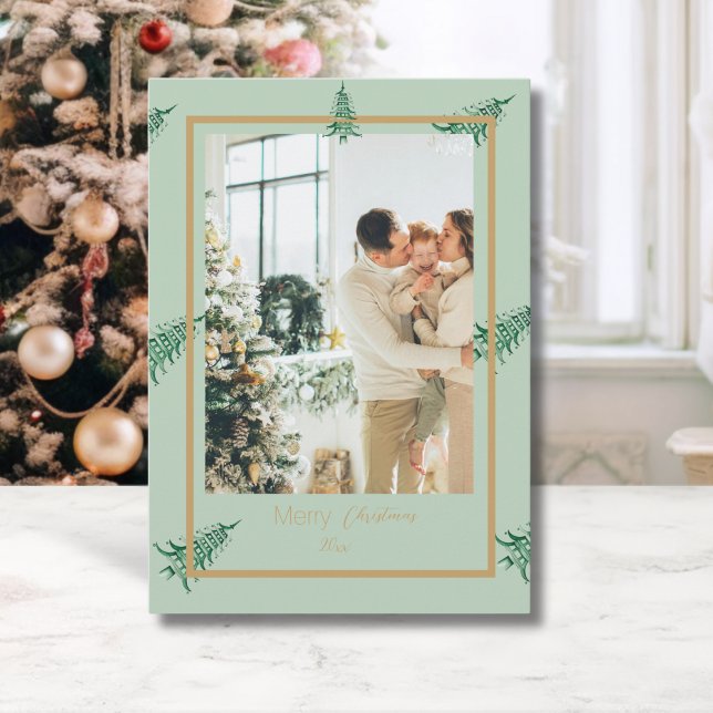 Chinoiserie jul Sage Grönt Pagoda 2-Photo Julkort (Chinoiserie Christmas Sage Green Pagoda 2-Photo Holiday Card)