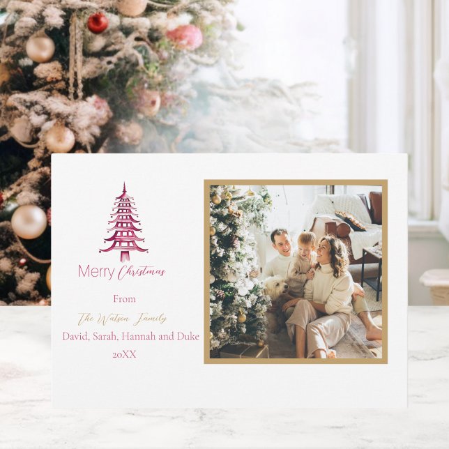 Chinoiserie jul Simple Red Pagoda 2-Photo Julkort (Chinoiserie Christmas Simple Red Pagoda 2-Photo Holiday Card)