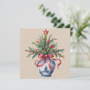 Chinoiserie julgran röd båge vas gammal  julkort