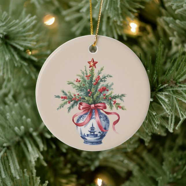 Chinoiserie julgran röd båge vas vintage  julgransprydnad keramik (Träd)