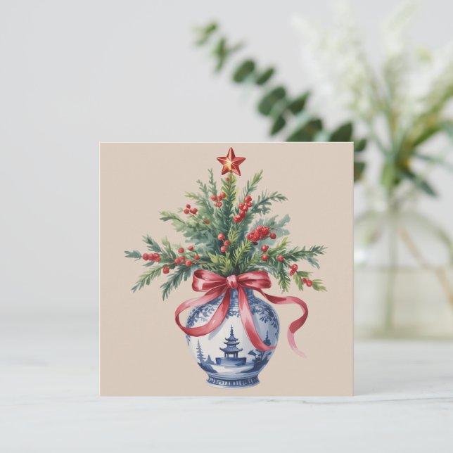 Chinoiserie julgran röd båge vas vintage  julkort (Stående Fram)
