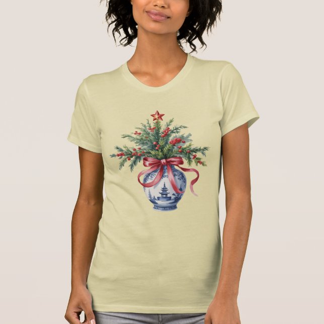 Chinoiserie julgran röd båge vas vintage  t shirt (Framsida)