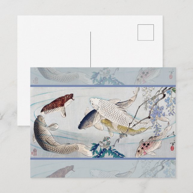 Chinoiserie Karpfiskar och lila Wisteria tryck Vykort (Fram/baksida)