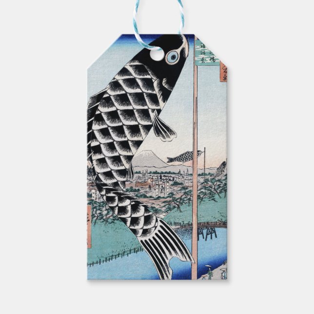 Chinoiserie Koinobori Karpar & Fuji Landskap Presentetikett (Framsidan)