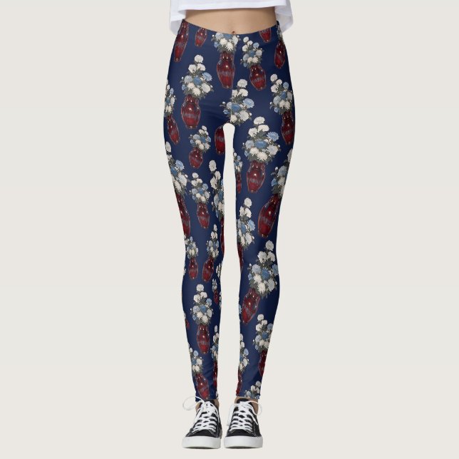 Chinoiserie Krysantemum Vas Blå Blå Leggings (Framsida)