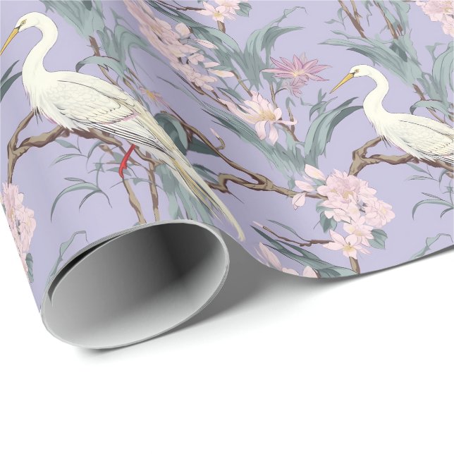 Chinoiserie Lavender Blommigt Egret Presentpapper (Rullad Hörn)