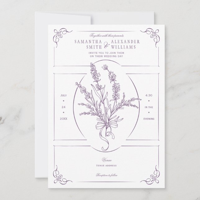 Chinoiserie Lavender Bouquet Victorian Bröllop Inbjudningar (Framsida)