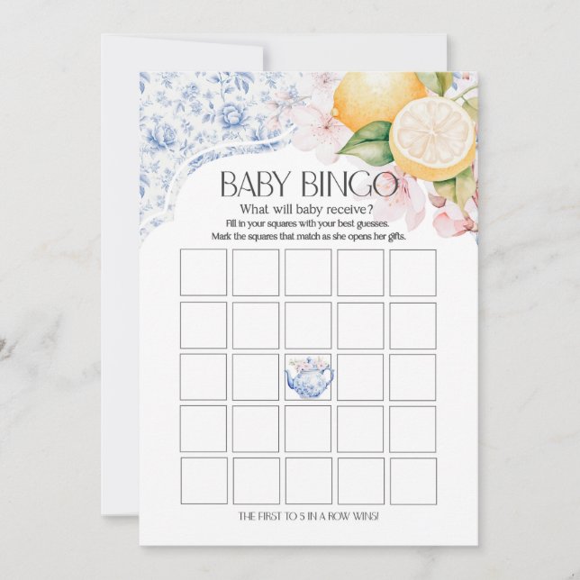 Chinoiserie Lemon Tea Party Baby Bingo Shower Game Inbjudningar (Framsida)