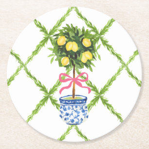 Chinoiserie Lemon Topiary Grönt and White Blommigt Underlägg Papper Rund