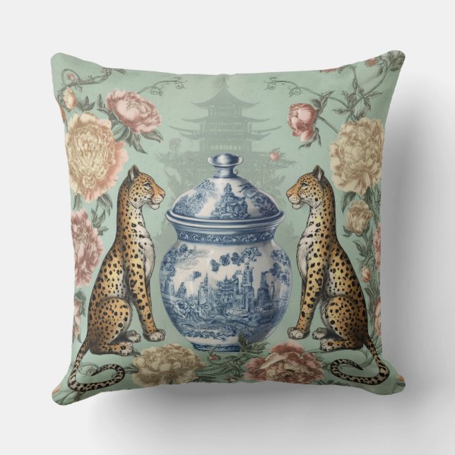 Chinoiserie Leopard Ginger Jar Konst Kudde (Baksida)