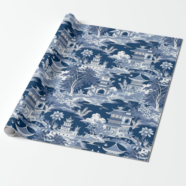 Chinoiserie Ligcape Painting Blue White Presentpapper (Utrullad)