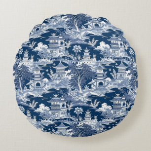 Chinoiserie Ligcape Painting Blue White Rund Kudde