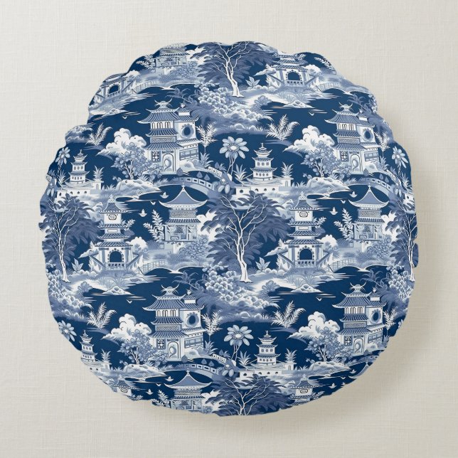 Chinoiserie Ligcape Painting Blue White Rund Kudde (Framsidan)
