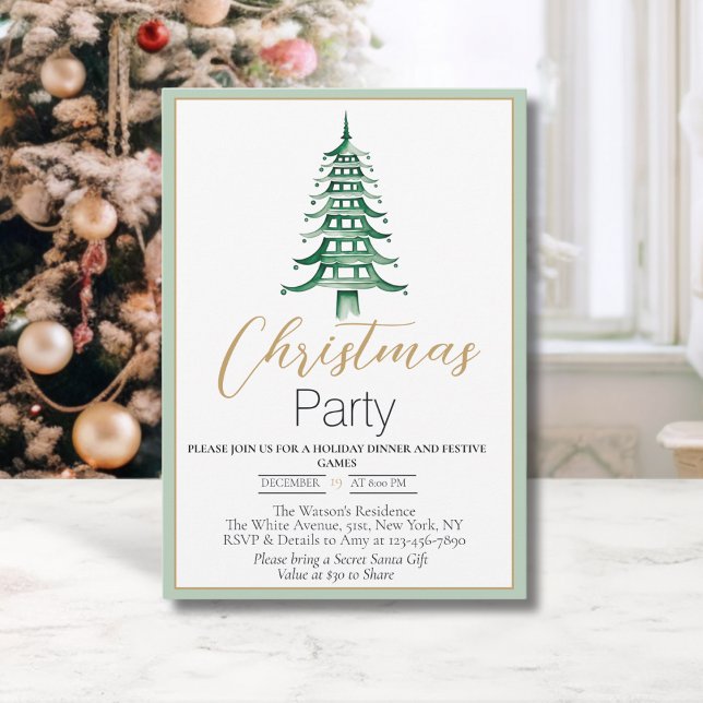 Chinoiserie Ljusgrön Pagod Julinbjudan Inbjudningar (Chinoiserie Pagoda Christmas Tree- Christmas Party invitation)